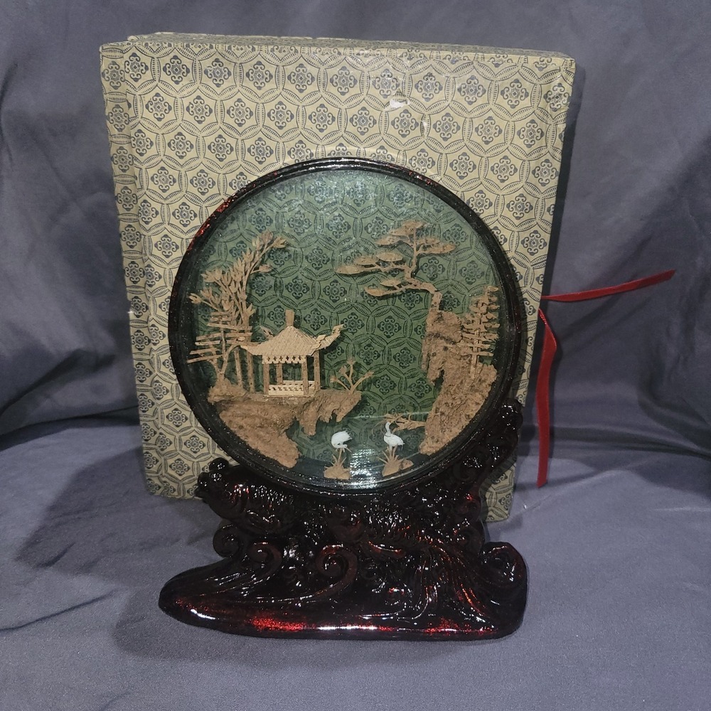 Vintage Asian Cork Carving Old Round Display beautiful Estate Find